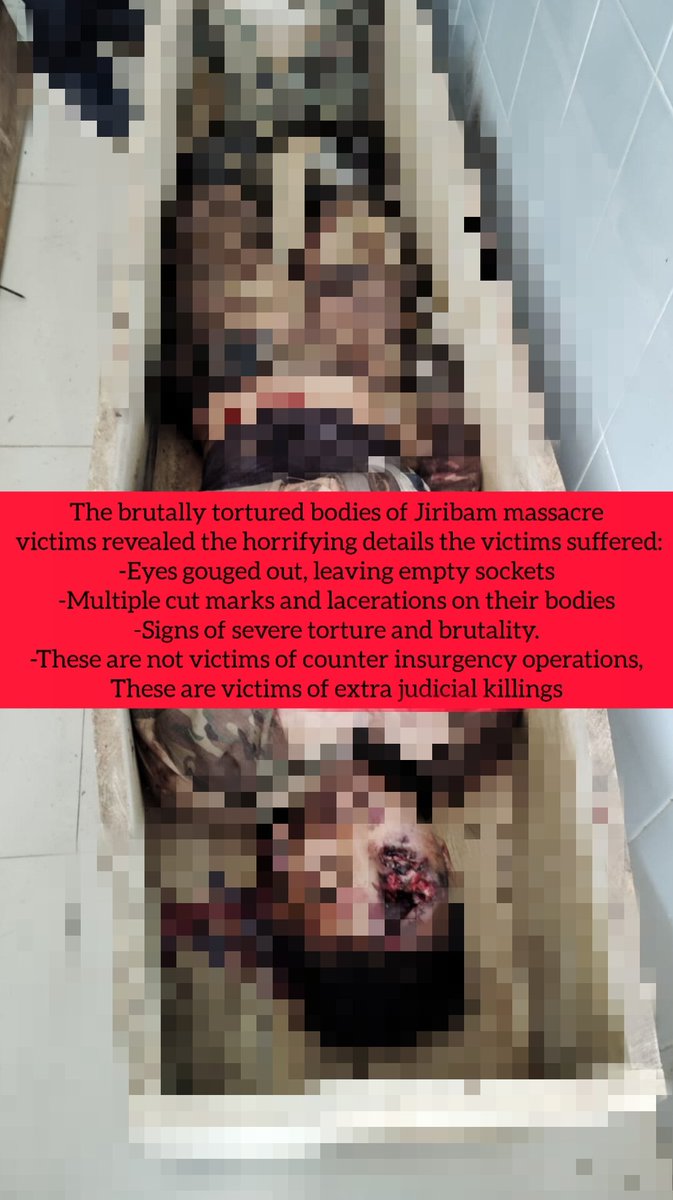 JShakurB's tweet photo. Harrowing testimony of the survivor corroborated by the grotesque discovery of victims gouged-out eyes &amp; unmistakable evidence of severe torture irrefutably proves #JiribamMassacre was an unlawful departure from a legitimate Op,it's an open &amp; shut case of extrajudicial execution. https://t.co/7k3YTAa3oz