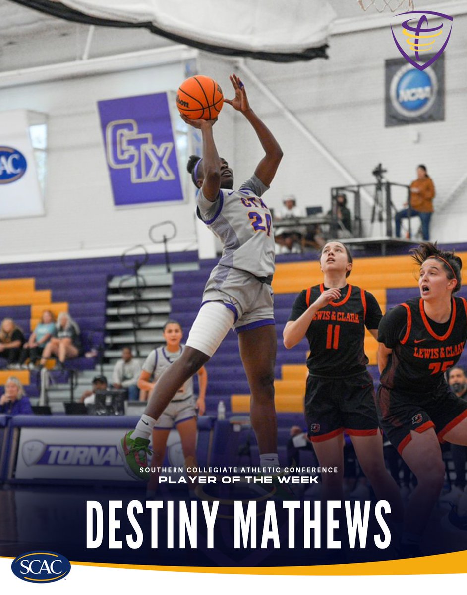 Destiny Mathews of <a href="/CTXAthletics/">Concordia Athletics</a> named the inaugural #SCACWbb Player of the Week for the 2024-25 season!🏀

📰| shorturl.at/pFr33

#SCACPride | #SCAC | #WhyD3 | #d3hoops