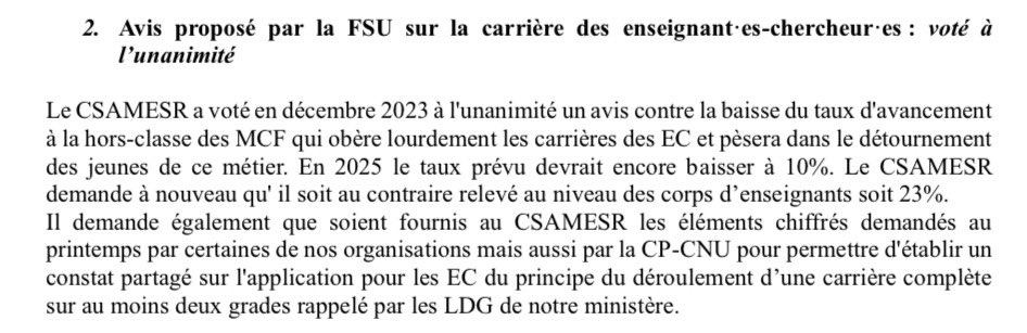 Un autre avis voté à l’unanimité porte sur les carrières des EC 👇
Le CSA MESR demande que le taux d’avancement à la hors-classe des Mcf soit relevé à 23%
👇👇
