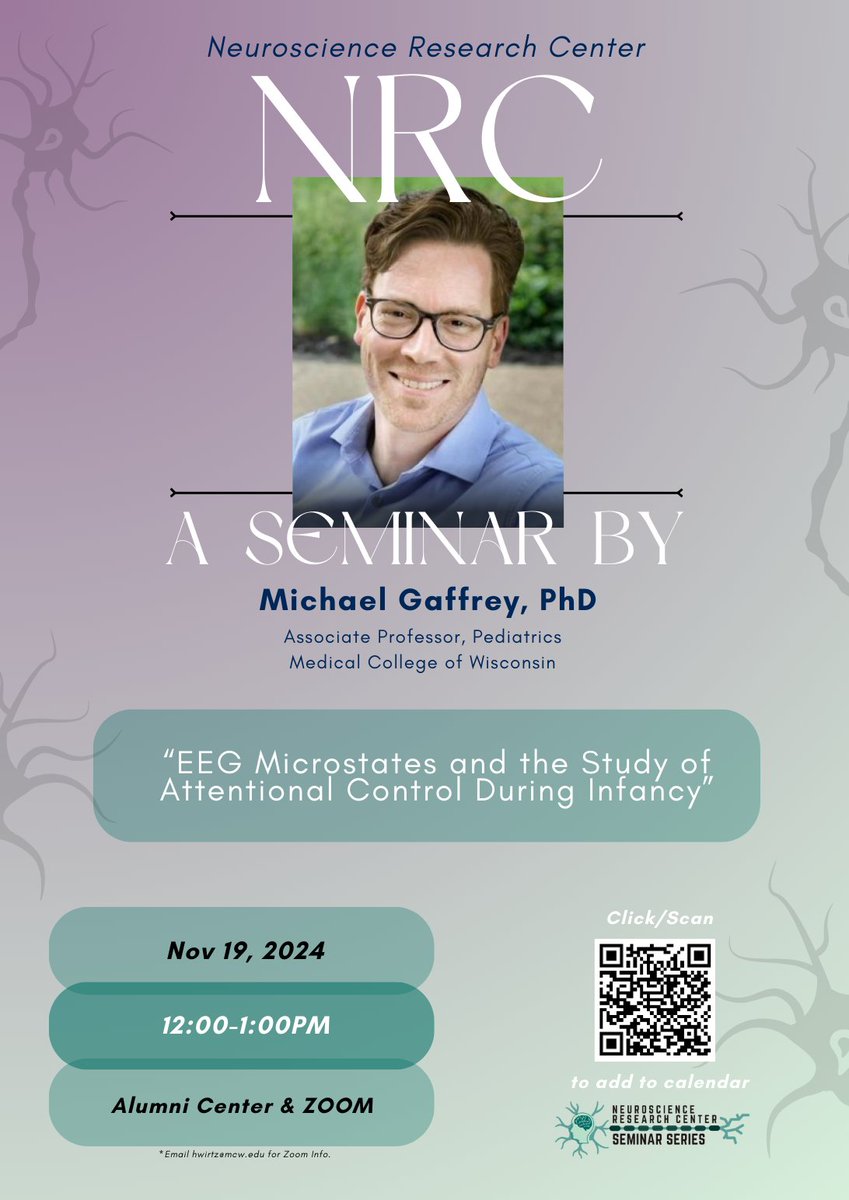 Neuroscience Research Center - MCW (@neurosciencemcw) on Twitter photo TODAY @ NOON
Join the NRC for our upcoming seminar by MCW faculty member Dr. Michael Gaffrey (<a href="/MichaelGaffrey/">Michael S. Gaffrey, Ph.D.</a>, <a href="/childrenswi/">Children's Wisconsin 🏥</a>): "EEG Microstates and the Study of Attentional Control During Infancy"!
Stop on by! 😁🧪🔬 TODAY @ NOON
Join the NRC for our upcoming seminar by MCW faculty member Dr. Michael Gaffrey (<a href="/MichaelGaffrey/">Michael S. Gaffrey, Ph.D.</a>, <a href="/childrenswi/">Children's Wisconsin 🏥</a>): "EEG Microstates and the Study of Attentional Control During Infancy"!
Stop on by! 😁🧪🔬