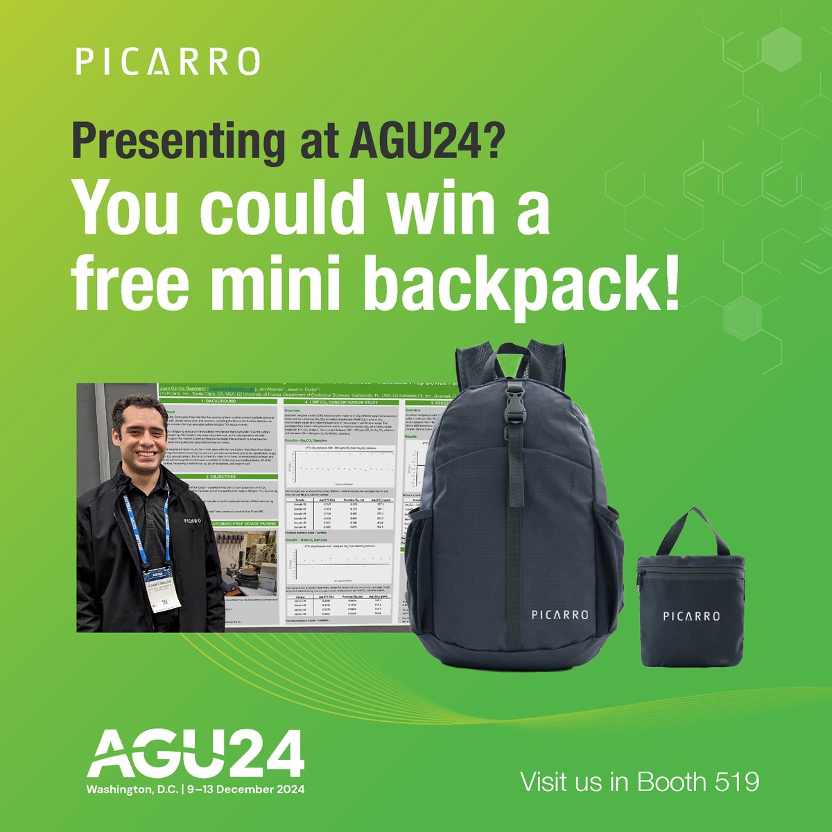Picarro's tweet photo. 🚨 Presenting at AGU mentioning Picarro analyzers? 🌍 Share your work! Post, tag @Picarro and #AGU24, and we’ll re-share your achievements! Stop by booth 519, show us your post, and get a mini-backpack 🎒

#GreenhouseGas #ClimateScience #TechInnovation #AirQuality https://t.co/KRHpaW6lSe