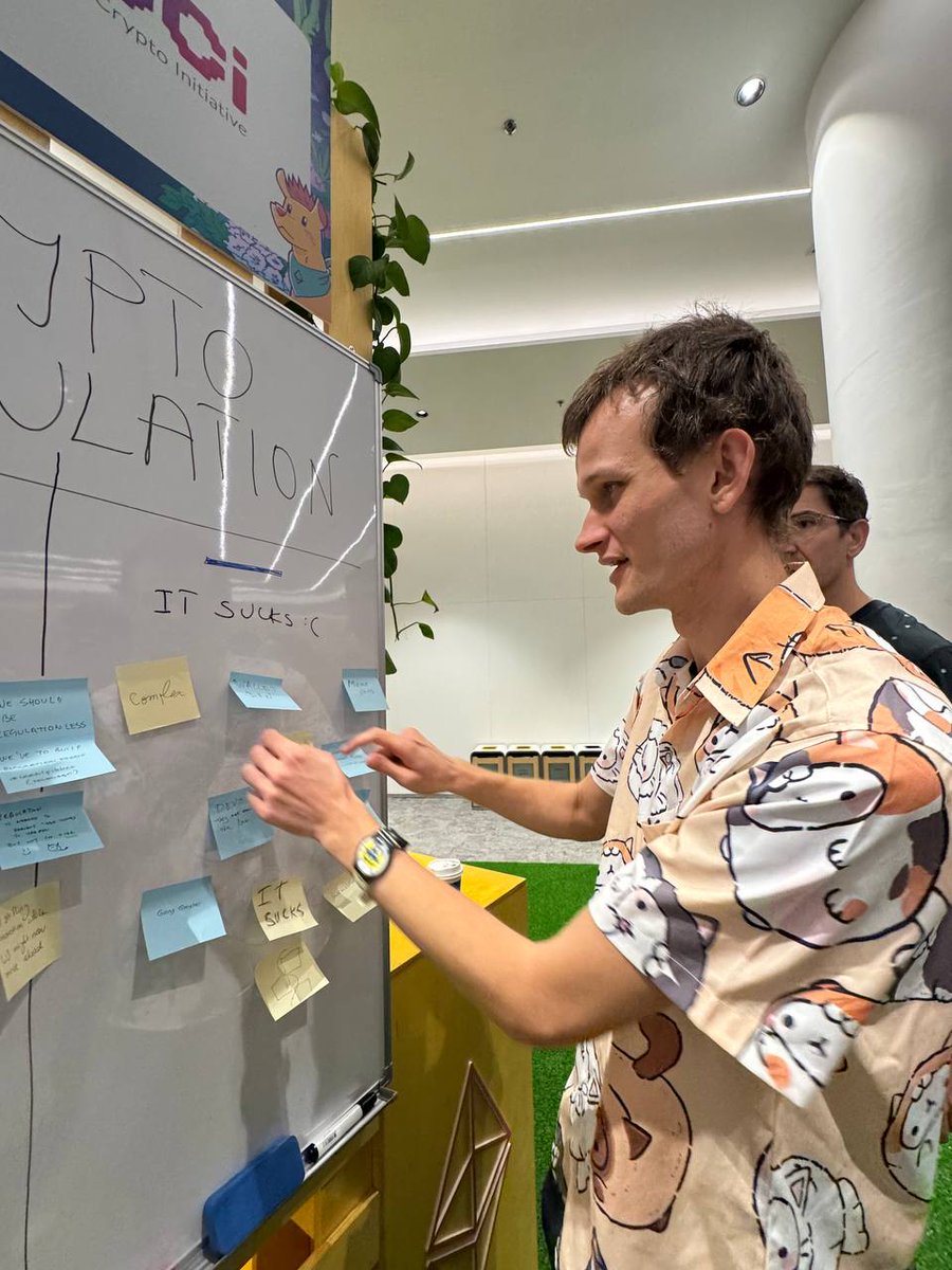 Today, we had a special visitor at our <a href="/EuCInitiative/">European Crypto Initiative</a> <a href="/EFDevcon/">Devconnect ARG</a> booth. <a href="/VitalikButerin/">vitalik.eth</a> contributed to our crypto regulations - PROs &amp; CONs wall. 

Come and join us at the booth tomorrow - the 1st floor between classroom B and classroom E 🦛🦛🦛