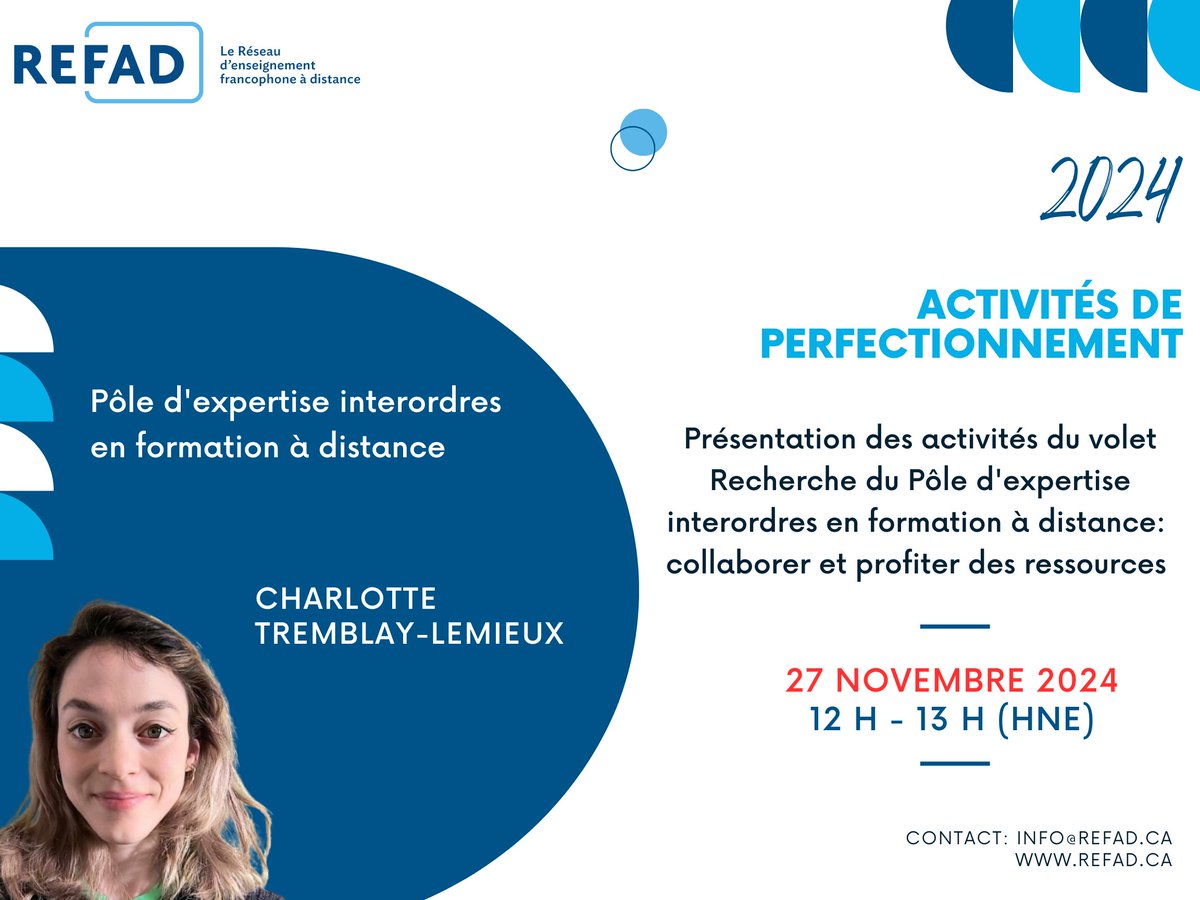 Présentation des activités du volet Recherche du Pôle d’expertise interordres en formation à distance : collaborer et profiter des ressources !
📅 27 novembre 2024
🕛 12h à 13h (HNE)
Avec Charlotte Tremblay-Lemieux 
Inscriptions:  shorturl.at/RR8Hx