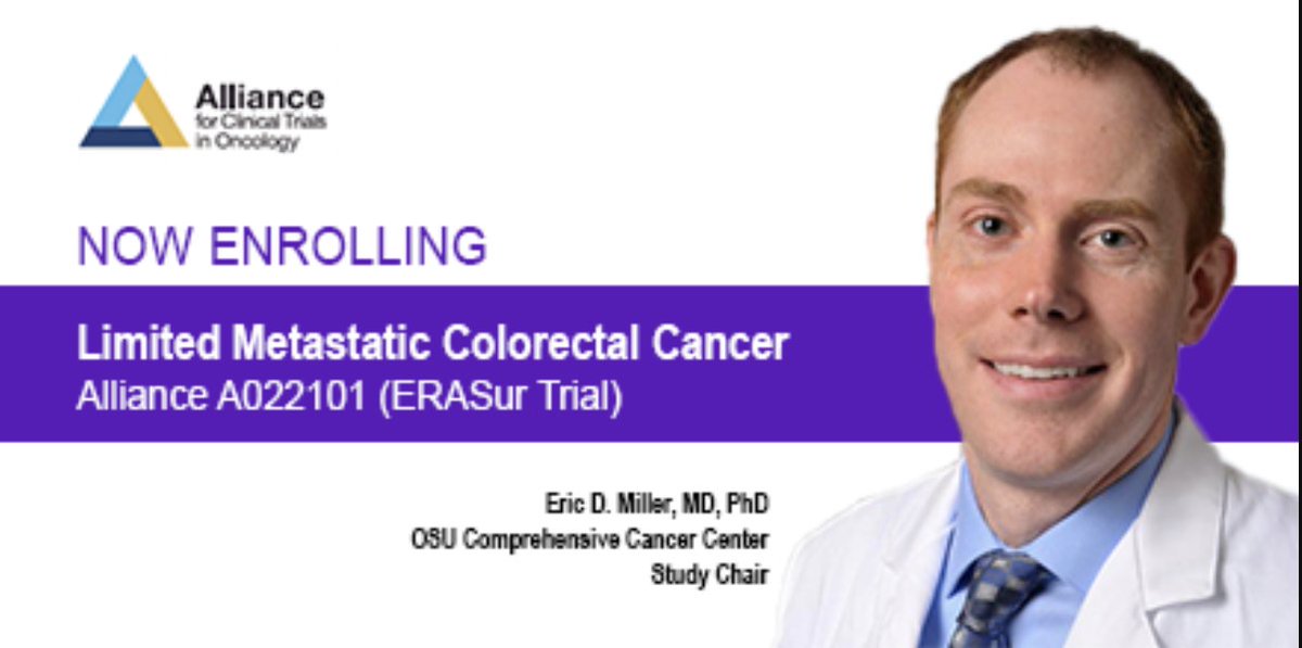 Alliance for Clinical Trials in Oncology (@alliance_org) on Twitter photo For #TrialTuesday, .<a href="/EricMillerMDPhD/">Eric Miller</a> <a href="/OSUCCC_James/">The James</a> leads <a href="/ALLIANCE_org/">Alliance for Clinical Trials in Oncology</a> A022101/ERASur, a metastatic #colorectalcancer trial that compares total ablative therapy & usual systemic therapy to usual systemic therapy alone: bit.ly/Alliance-A0221⦠#NCI #NCTN .<a href="/FightCRC/">Fight Colorectal Cancer</a> .<a href="/CCAlliance/">Colorectal Cancer Alliance</a> For #TrialTuesday, .<a href="/EricMillerMDPhD/">Eric Miller</a> <a href="/OSUCCC_James/">The James</a> leads <a href="/ALLIANCE_org/">Alliance for Clinical Trials in Oncology</a> A022101/ERASur, a metastatic #colorectalcancer trial that compares total ablative therapy & usual systemic therapy to usual systemic therapy alone: bit.ly/Alliance-A0221⦠#NCI #NCTN .<a href="/FightCRC/">Fight Colorectal Cancer</a> .<a href="/CCAlliance/">Colorectal Cancer Alliance</a>