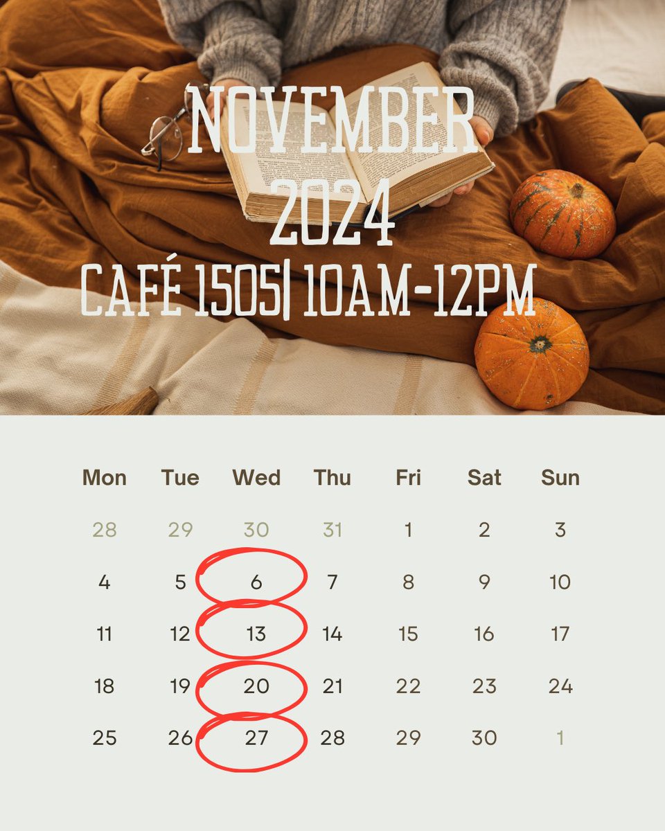 Here’s our calendar for this months coffee mornings, happening every Wednesday from 10am-12pm at Café 1505!!