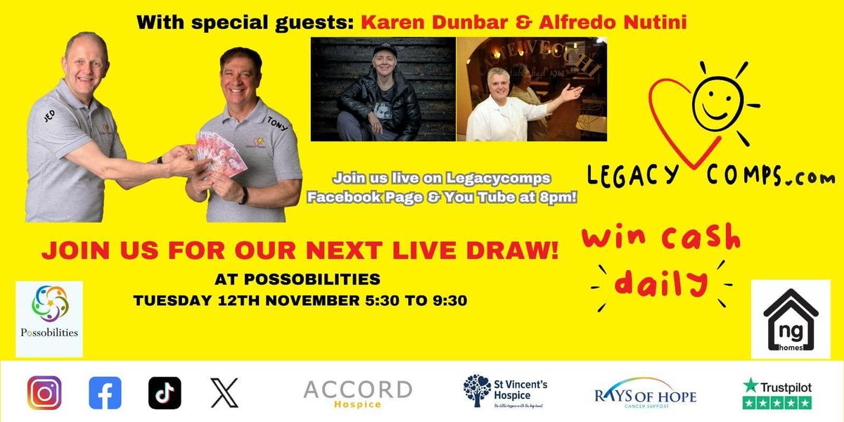 paisleyorguk's tweet image. 🎉WOO HOO BIG LIVE DRAW TONIGHT 🎉

We are live tonight from Possibilities at 8pm!

You could receive a phone call from our amazing guests Karen Dunbar and Alfredo Nutini.

TICKETS 👇
Legacycomps.com 

#legacycomps #JoinTheLegacy

 See less  psly.scot/40JMmqP