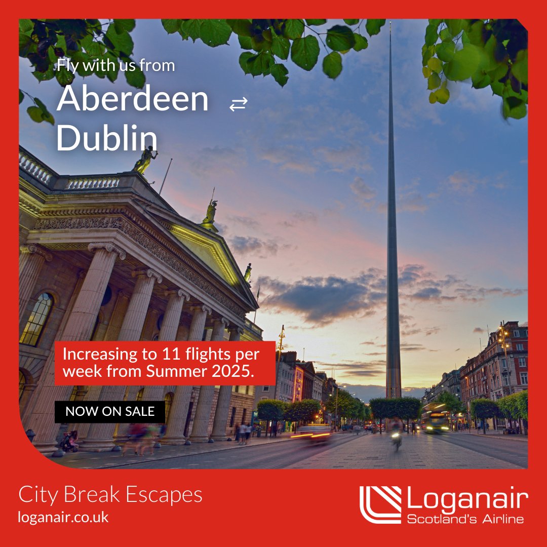 Summer 2025 is calling, and so is Dublin! ☘️

We're adding FOUR more weekly rotations from Aberdeen because, let's face it, a trip to the Emerald Isle is always a good idea!

Seats are now on sale! - bit.ly/3Co9Nf7

We can't wait to welcome you onboard this Summer! ✈️