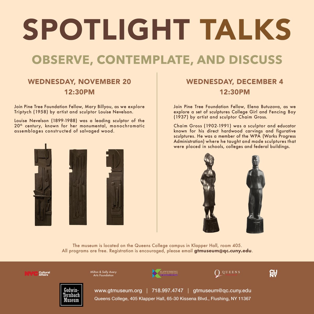 Godwin Ternbach (@godwinternbach) on Twitter photo Join us on Wednesday, November 20, 2024 at 12:30 pm & Wednesday, December 4, 2024 at 12:30 pm at the GTM for two very insightful talks!
The museum is located on the Queens College Klapper Hall 405. All programs are free. Registration is encouraged at gtmuseum@qc.cuny.edu. Join us on Wednesday, November 20, 2024 at 12:30 pm & Wednesday, December 4, 2024 at 12:30 pm at the GTM for two very insightful talks!
The museum is located on the Queens College Klapper Hall 405. All programs are free. Registration is encouraged at gtmuseum@qc.cuny.edu.