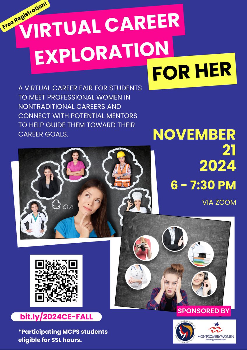 Join us and Montgomery Women for a Virtual Career Exploration for Her on Nov. 21, from 6-7:30 pm. This is a FREE event for young women in middle school, high school, and college to explore nontraditional careers for women. MCPS students can earn 2 SSL! ow.ly/qNjC50U5m32
