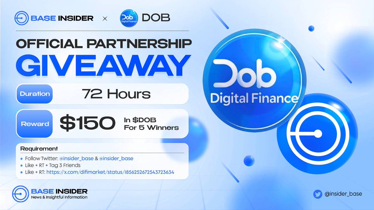🎉 We're thrilled to host a giveaway event to celebrate the initial launch of #DigitalFinance, a decentralized marketplace on @Base 🎉

🎁 $150 In $DOB For 5 Winners

Rules:
- Follow <a href="/difimarket/">Difi Market</a> and <a href="/insider_base/">Base Insider 🛡️</a>
- Like + RT + Tag 3 Friends
- Like + RT: x.com/difimarket/sta…