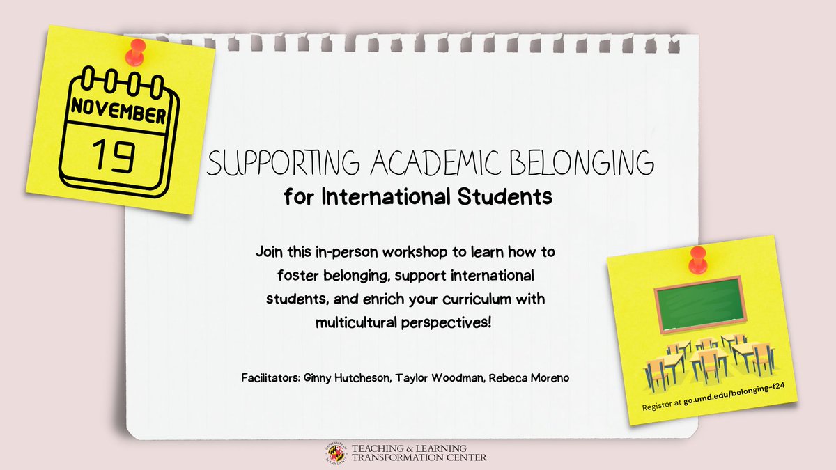 🌎 International Education Week 
👥 Join us in ESJ 0201 at 2pm on 11/19 to learn how to foster belonging, support international students, and enrich your curriculum with multicultural perspectives!

🔗 go.umd.edu/belonging-f24

——

#tltc #umd #teachingandlearning #international