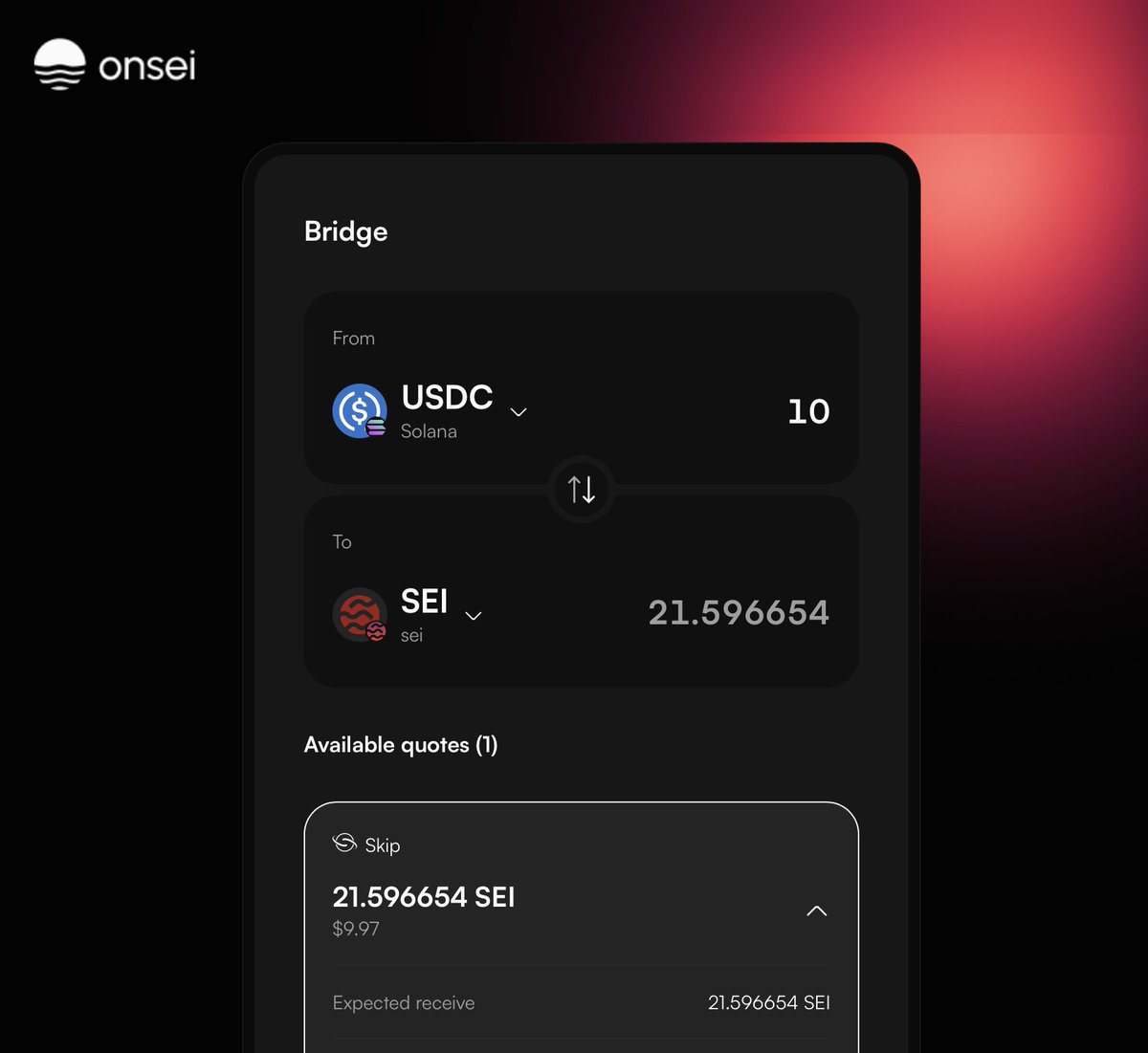Transfer assets from other networks to $SEI and access its ecosystem – #DeFi, staking, low fees, and more.
That’s why we created the Bridge Aggregator to optimize these moves 

Example: USDC from #Solana to SEI. 
Try the bridge here: bridge.onseiwallet.io. 
More updates soon