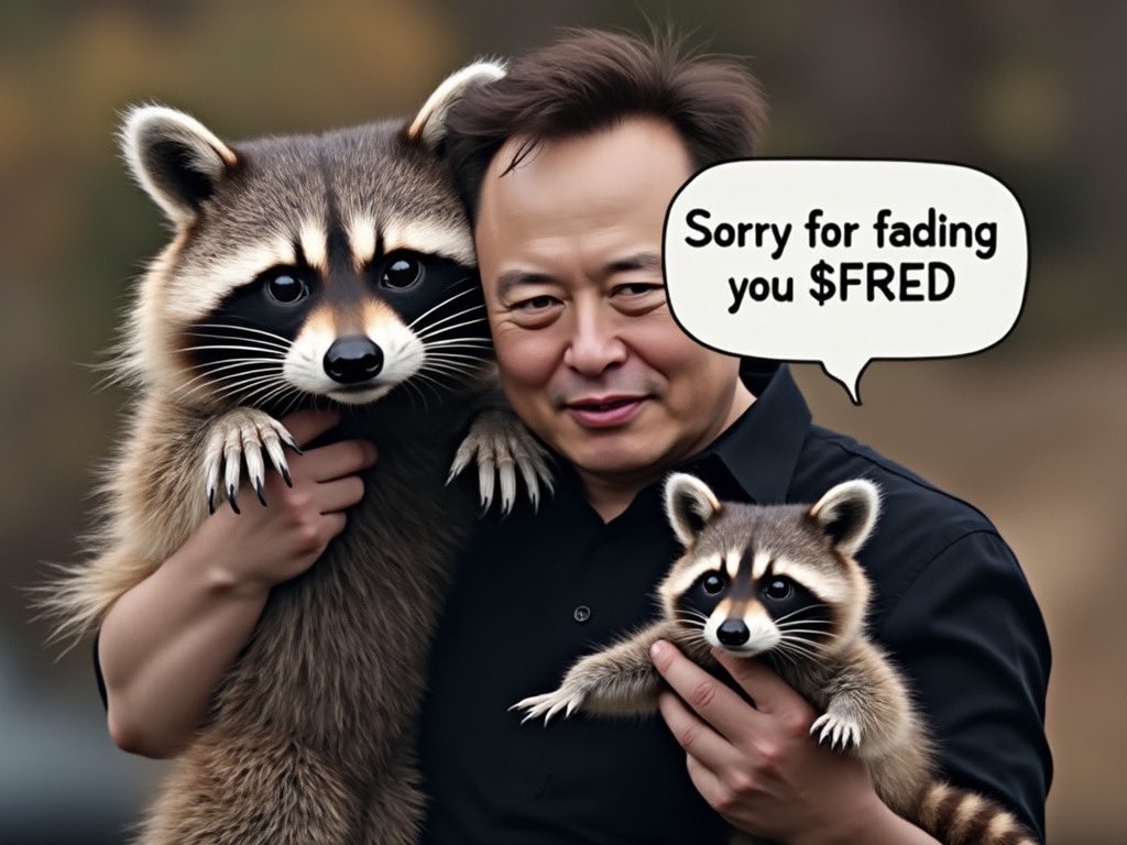 AdaSneaky's tweet photo. Chinese @elonmusk wouldn't fade $FRED, just saying. Maybe it's time for a raccoon revolution in the crypto space? 🐾💸 

Fred was a victim for the movement too! 

#FREDTheRaccoon #RememberFred https://t.co/JinR9QfqI9