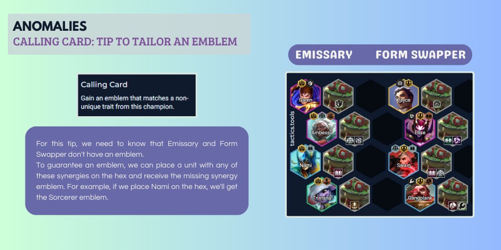 [SET 13] 
ANOMALIES: CALLING CARD 
TIP TO TAILOR AN EMBLEM 
☝️🤓