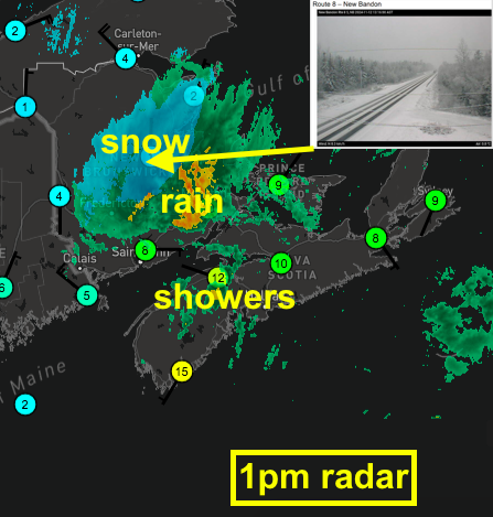 YHZweatherguy's tweet photo. 1pm update:  The shift to cold NW winds has dropped temps: roads partly snow covered in parts central NB.  The showers are now spreading into NS &amp; PEI.
As cold air advances into S NB this aftn then PEI &amp; NS this eve &amp; overnight, risk of messy roads in parts S NB, PEI and N NS. https://t.co/0zBNrARD3C