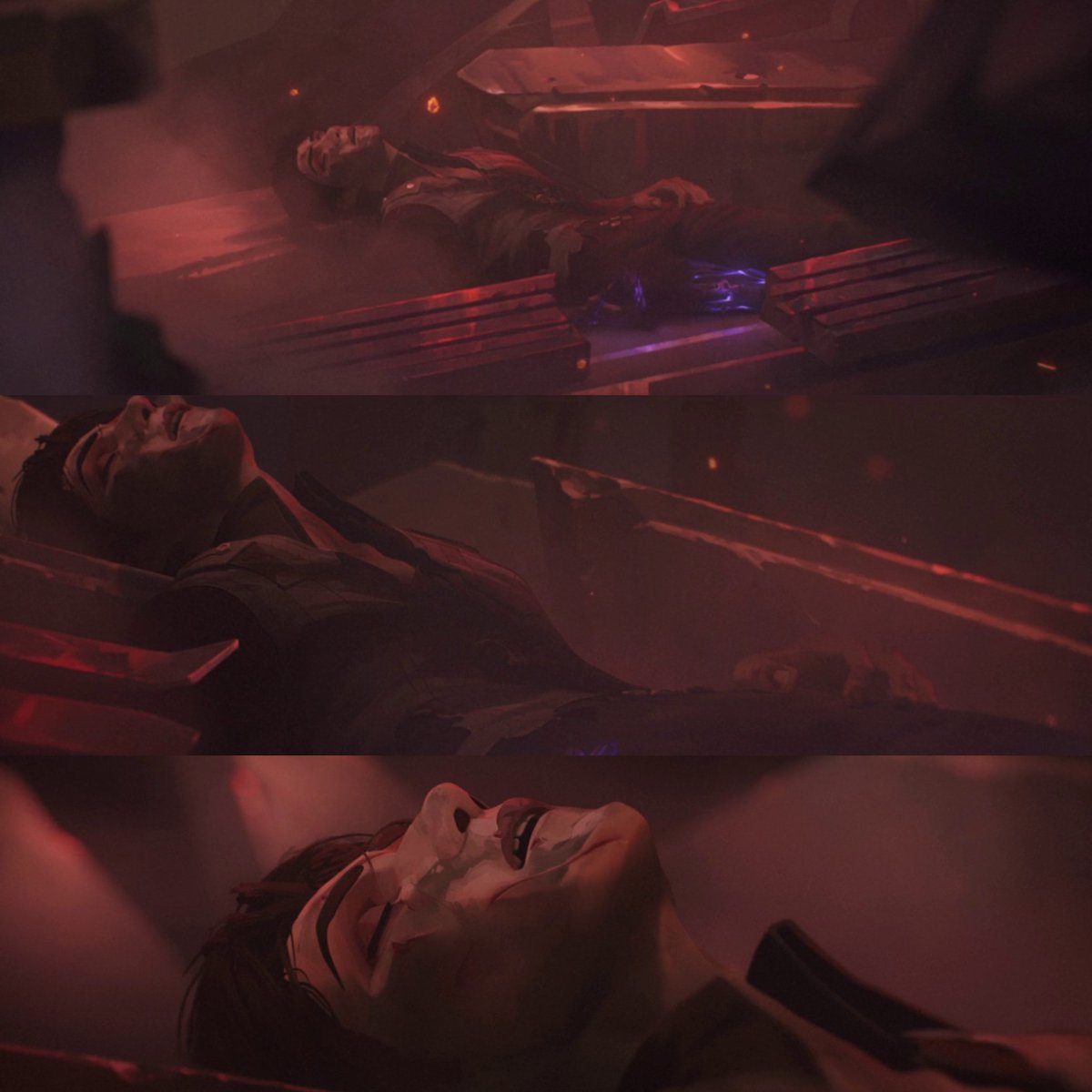 I've just noticed that his tie is off and shirt already opened. Also he's been laid in a way that his head is flexed backwards (usually done for resuscitation purposes, open the airway). Did a medic already find him before Jayce and determine him to be dead or too badly injured?
