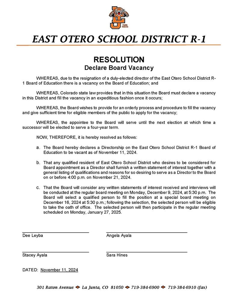 East Otero School District R-1 Board Vacancy
