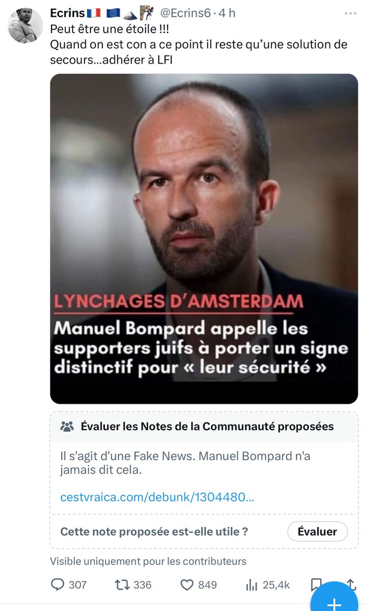 Atoffolet's tweet photo. Peu importe le bord politique, un tel niveau de désinformation sur ce réseau, sur des sujets par ailleurs terriblement graves, devrait nous inquiéter. Et nous faire réagir.  On ne lutte pas contre la désinformation sur X. Même les médias les plus sérieux ne le peuvent. 1/2 https://t.co/uTYEIu3Rtg