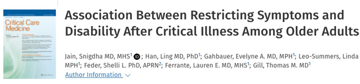 Snigdha Jain MD, MHS, ATSF (@snigdhajain89) on Twitter photo 1/5 Symptoms restricting activity, e.g., fatigue, and dyspnea, are common among older adults who survive ICU hospitalization.
Are these symptoms associated with ⬆️post-ICU disability? Our work in <a href="/CritCareMed/">Critical Care Medicine</a> oce.ovid.com/article/000032… 1/5 Symptoms restricting activity, e.g., fatigue, and dyspnea, are common among older adults who survive ICU hospitalization.
Are these symptoms associated with ⬆️post-ICU disability? Our work in <a href="/CritCareMed/">Critical Care Medicine</a> oce.ovid.com/article/000032…