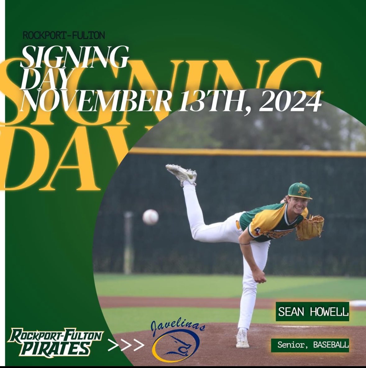 <a href="/Sean_Howell4/">sean howell</a> will sign his NLI to play baseball at <a href="/JavelinaBSB/">#BackThePack</a> tomorrow at 3:30 in the <a href="/R_FHSPirates/">Rockport-Fulton High School</a> Competition gym. Please come support him if you can 💙💛🐗