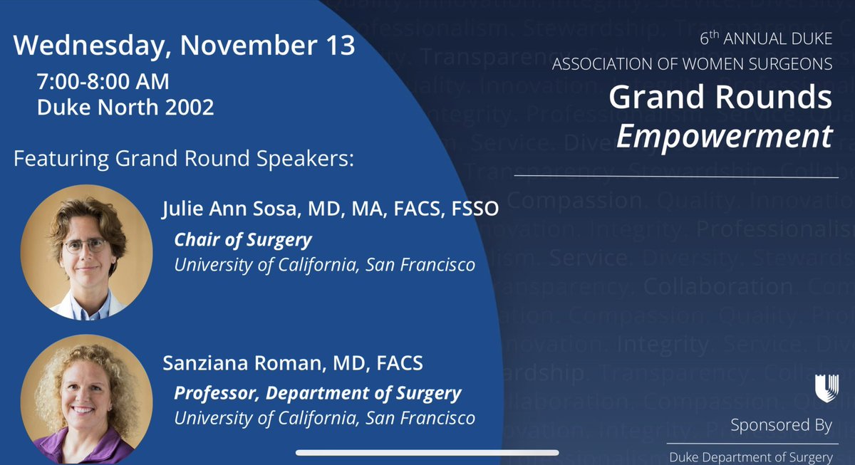 AwsDuke's tweet photo. AWS Grand Rounds is a go!

Join us tomorrow to welcome two familiar faces, Dr. Julia Anne Sosa &amp; Dr. Sanziana Roman, for a very special Grand Rounds focused on Empowerment and Lifting as You Climb. Don’t miss this opportunity to learn from these trailblazing leaders in surgery! https://t.co/zfDydLCJV0