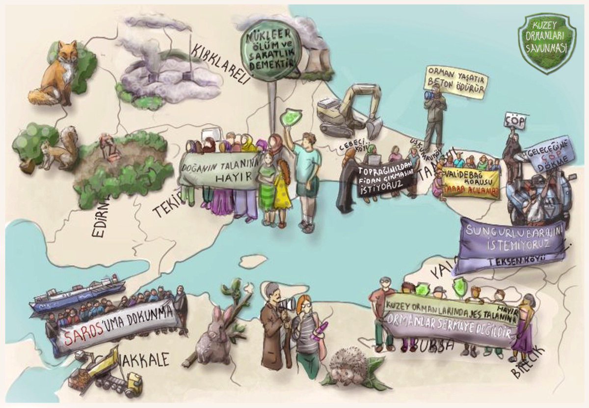 Resme biraz yakından bakarsanız Kuzey Ormanları coğrafyasını talan eden şirketlere karşı ormanını, havasını, suyunu, köyünü savunan sayısız savunucuyu görebilirsiniz 💚🦊⤵️

Çizim: Aslıhan Kaya