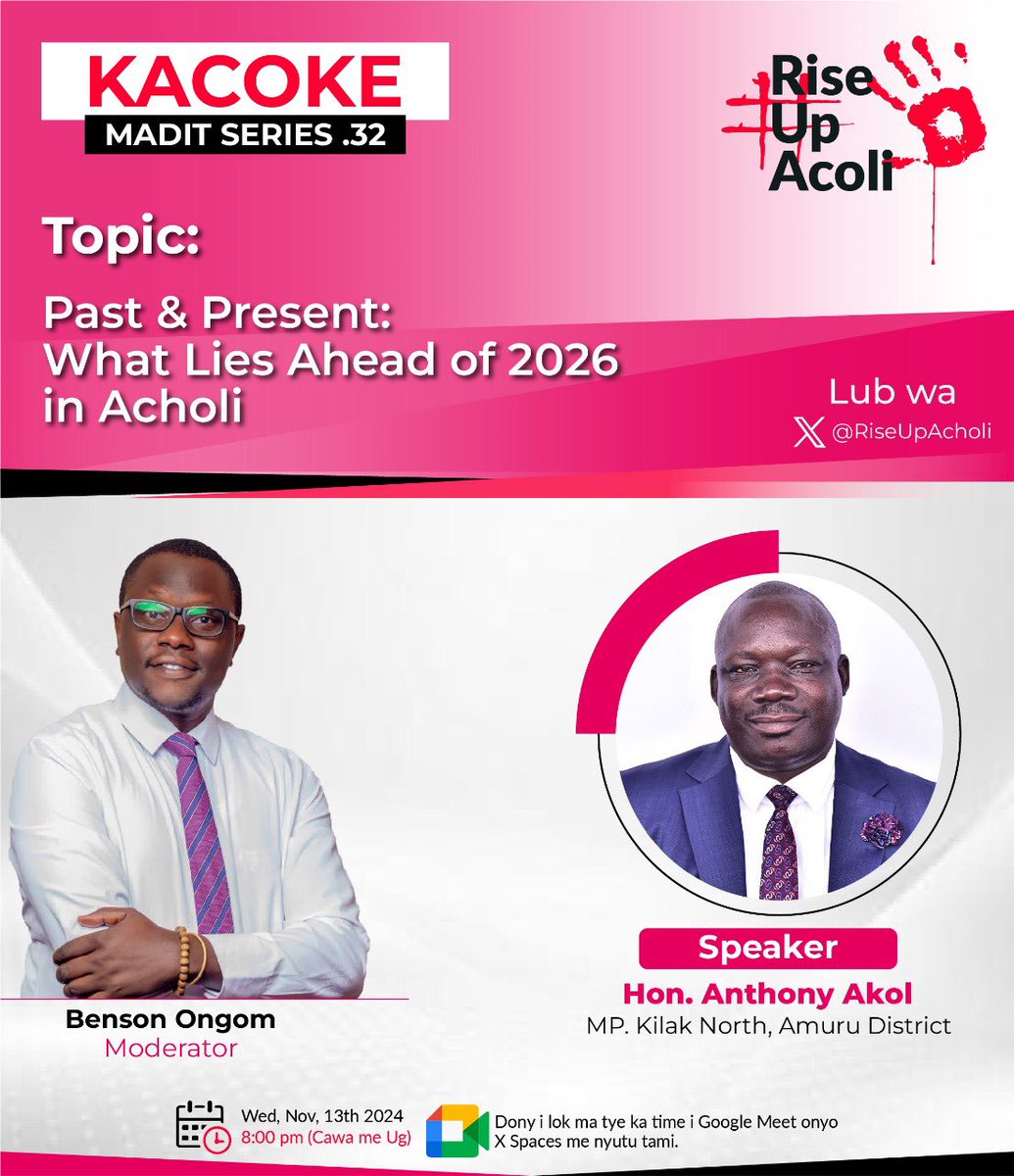Join me, <a href="/PaLabeja/">Labeja Julius Gunya</a> and <a href="/LoumBernard/">Loum Bernard</a> for the Kacoke Madit Series hosted by <a href="/BenOngomTweets/">BENSON ONGOM</a>