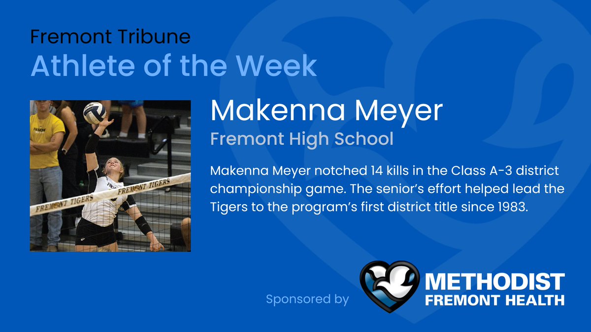 Congratulations to Makenna Meyer, our Athlete of the Week! <a href="/fhstigersports/">FHS ACTIVITIES</a> <a href="/fhstigersbelong/">Fremont High School Official Page!</a> <a href="/FHSBoosterClub_/">Fremont Athletic Booster Club</a> <a href="/fhstigervb/">FHS Volleyball</a> #nebpreps