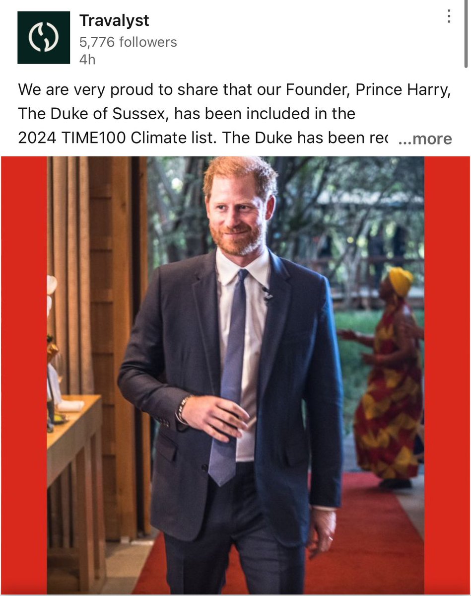 ChrisBaronSmit1's tweet photo. Travalyst - “We are very proud to share that our Founder, #PrinceHarry, The Duke of Sussex has been included in the 2024 TIME100 Climate List. The Duke has been recognised as a ‘Titan’ for his contribution to sustainable tourism through his work with Travalyst.”

#TIME100Climate https://t.co/KPsf8ZfjoK