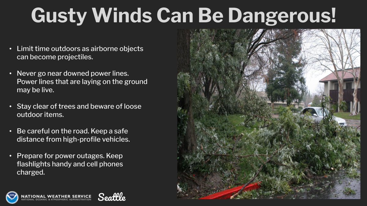 🍃 Winds will pick up this evening as a strong storm system moves into western Washington, with gusts overnight as strong as 55-60mph along the northern Interior. Take precautions now to stay safe! #WAwx