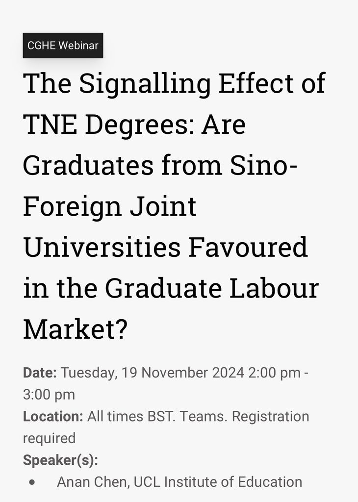 😆I am excited to invite you to my upcoming <a href="/ResearchCGHE/">Centre for Global Higher Education</a> online webinar about 'The Signalling Effect of TNE Degrees' based on my research on international higher education on next Tuesday, 19 Nov, at 2:00 pm. 
👉🏻Join the discussion and register here: events.teams.microsoft.com/event/32839cf4…