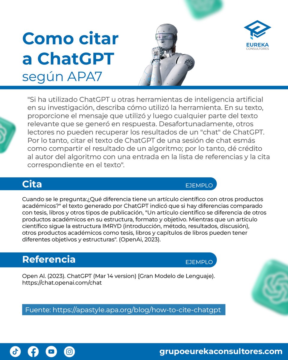 Según las normas #APA7, al citar a un modelo de inteligencia artificial como #ChatGPT, debe incluirse el nombre del modelo, el año de publicación (o la versión), el título del modelo, el tipo de recurso y la URL. Más detalles en esta #infografía:  linkedin.com/feed/update/ur…
