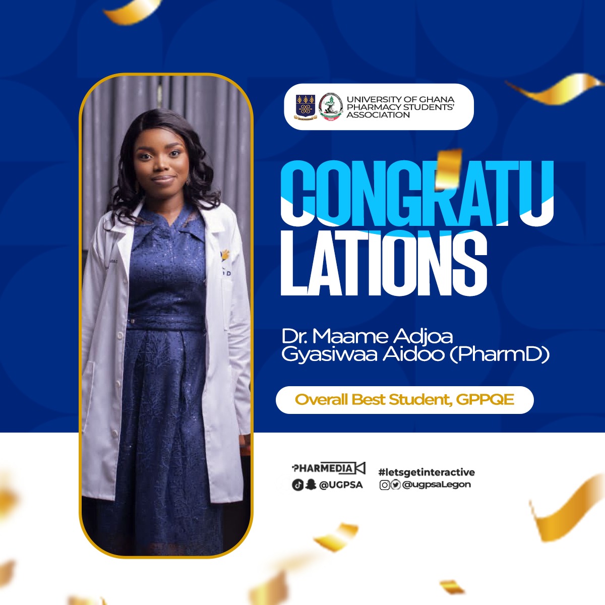 UGPSAlegon's tweet image. 🌟🌟🌟🌟🌟🌟🌟🌟🌟

A pacesetter✨
A torch-bearer🔥
A Royal Bead💚💛
The Overall Best‼️

A well-deserved congratulations to *Dr. Maame Adjoa Gyasiwaa Aidoo*, The 2024 Overall Best GPPQE Student. 💯🏆

#SettingTheRightStandards
#IfEbeEasy....

📸 *Powered by Pharmedia*
