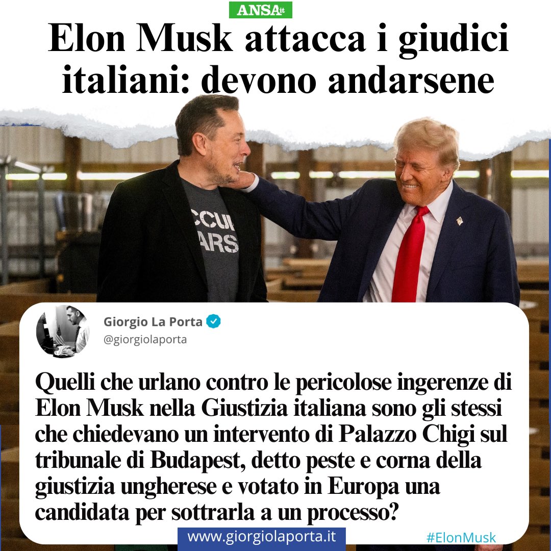 Giorgiolaporta's tweet photo. Quelli che urlano contro le ingerenze di #ElonMusk nella Giustizia italiana sono gli stessi che chiedevano un intervento di Palazzo Chigi sul tribunale di Budapest, detto peste e corna della giustizia ungherese e votato in Europa una candidata per sottrarla a un processo?
#Musk #12novembre