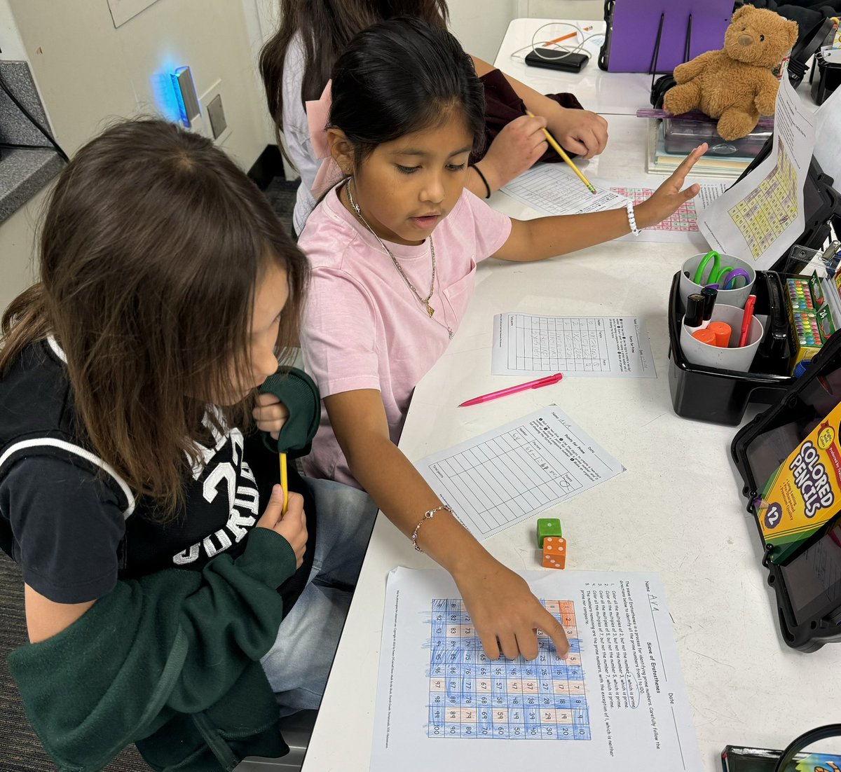 susierw's tweet photo. Using the Sieve of Eratosthenes to play ‘Points for Prime.’ TY @HeinemannPub for your ‘Math by the Book’ series! The literature and lessons are so engaging. #MBTB @WoodcrestFSD @FullertonSD https://t.co/cKYxTsZA4f