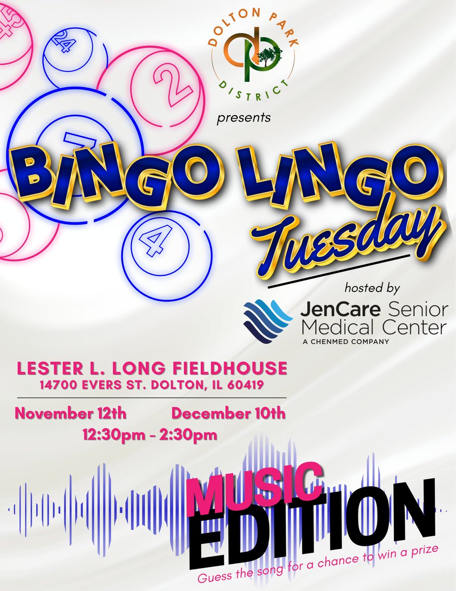 It's almost time to join in on the fun at our Bingo Lingo Tuesday: Music Edition. Hosted by JenCare Senior Medical Center today at 12:30pm at the Lester L. Long Fieldhouse. Let's hit the right notes together! Don't miss out!