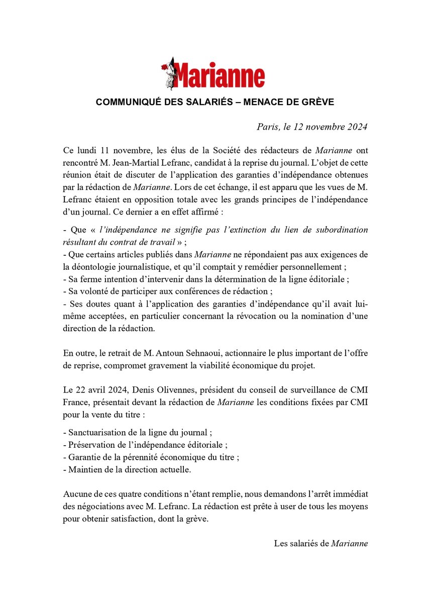 Un communiqué des salariés de <a href="/MarianneleMag/">Marianne</a>. Nous demandons l'arrêt immédiat des négociations avec M. Lefranc. La rédaction est prête à user de tous les moyens pour obtenir satisfaction, dont la grève.