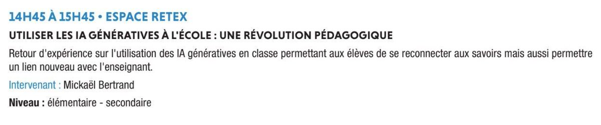 📅 RDV demain à #EducatechExpo !
🔹À 12h - Présentation de l'appli #CyberEMI avec @Magnard_Edu
🔹À 14h45 - Retex « Les IA à l’école : et si la véritable révolution était pédagogique ? » au Carrefour de l'innovation pédagogique avec @nathdreyfus 
👉 Hâte de vous y retrouver !