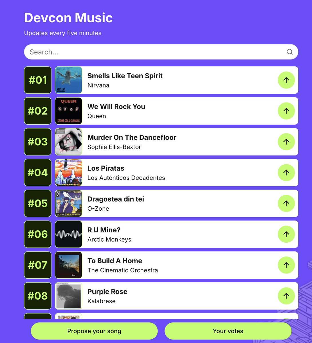This is the current soundtrack for DevCon! 

If you have a Zupass ticket, you can contribute to curate this playlist!
