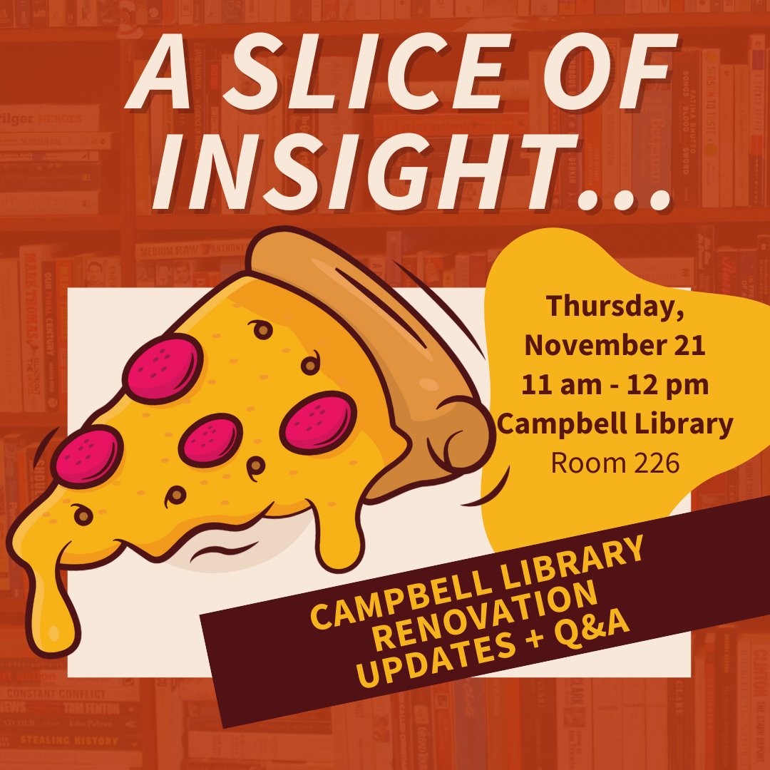 Learn more about recent renovation updates, what to expect during Phase 2 &amp; the Spring semester, and ask your questions!  Join library staff &amp; <a href="/RowanSGA/">Rowan Student Government Association</a>  representatives for an open dialogue, a slice of pizza, and connect with your fellow library lovers! 🍕📚

<a href="/RowanUniversity/">Rowan University</a>