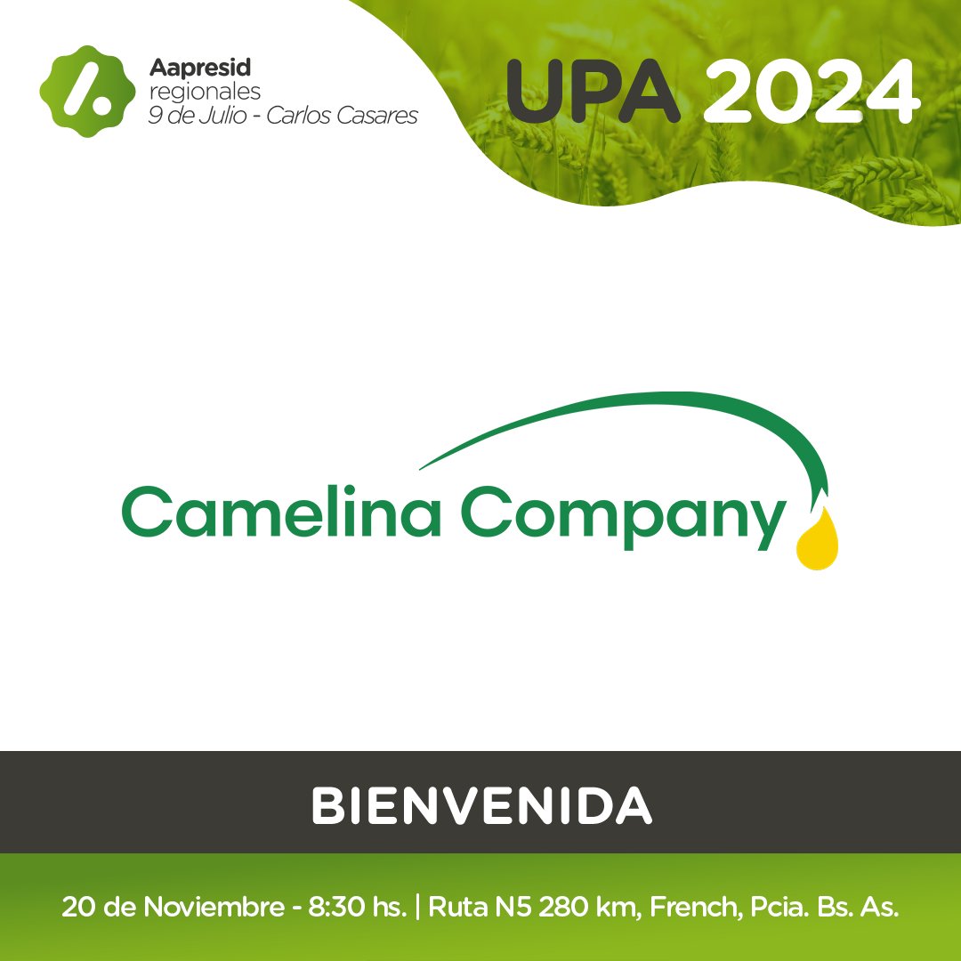 🙌 Gracias <a href="/CamelinaCoAr/">Camelina Company Argentina</a> por acompañarnos en la #JORNADAUPA2024

📆20 Nov
📍Ruta N5 280km, French, Pcia. Bs. As.
⏰8.30 hs

Ensayos
Trigo, cebada. arveja, colza, camelina, soja y maíz

Disertante: 
👤 Paulina Lescano

#Aapresid