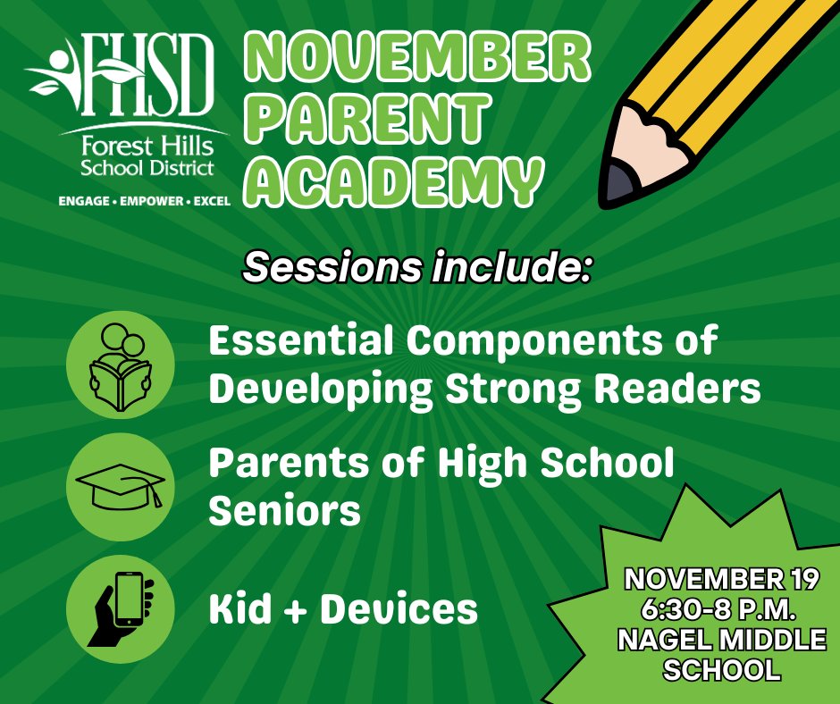 The November Parent Academy is almost here! Register your spot by Thursday for one of many sessions, including:

📚 Developing Strong Readers
🎓 Parents of HS Seniors
📱 Kids + Devices

Register for Parent Academy here: foresthills.edu/district-news/…
