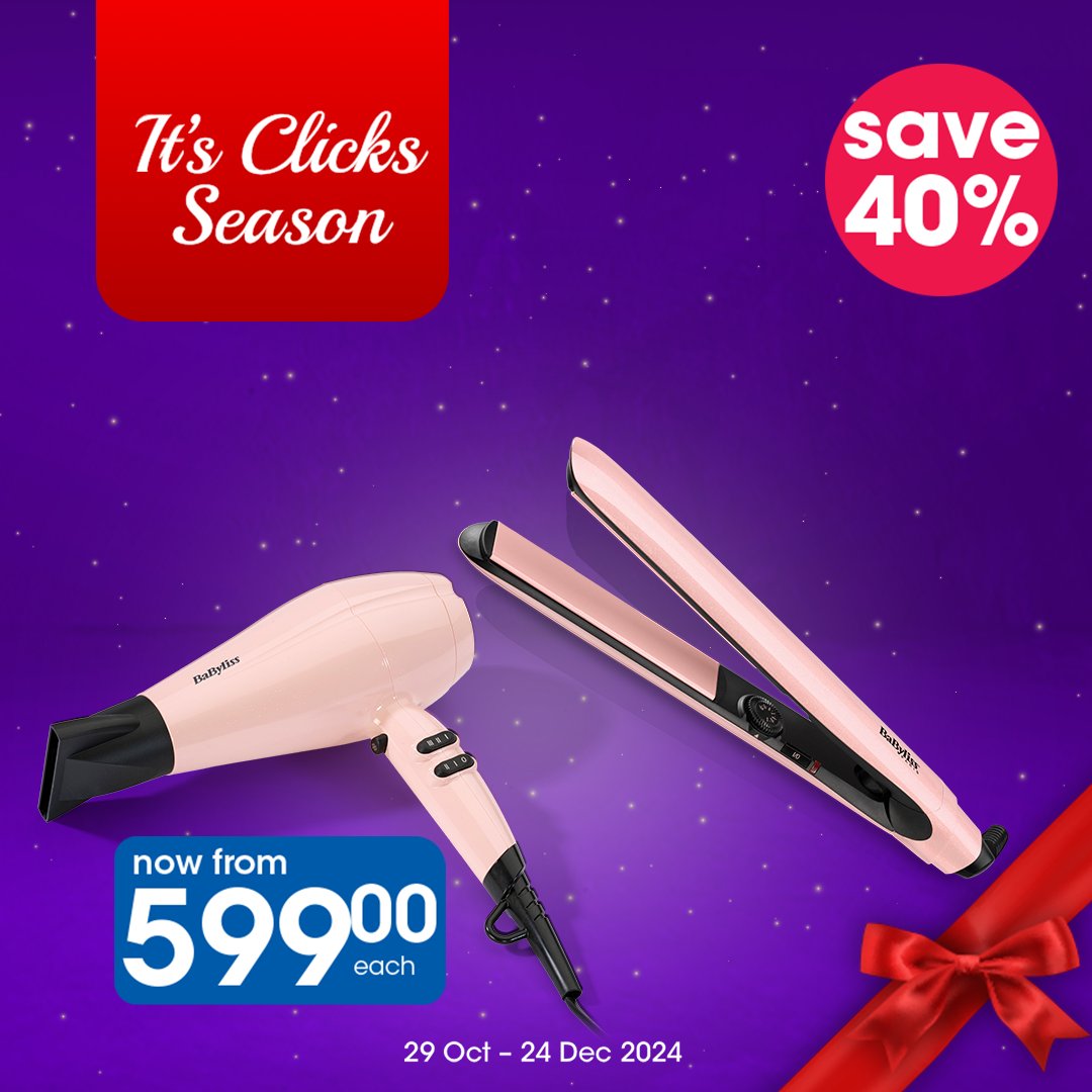 Clicks_SA's tweet photo. Get in the holiday spirit with 40% OFF BaByliss electrical haircare items starting from R599 each! Offer valid from 29 Oct – 24 Dec 2024!
Shop now and shine bright this festive season! 💖 -> https://t.co/AKocdKuNT9
#Clicks #ItsClicksSeason #FestiveGiftGuide #Gifting https://t.co/GGZ9DRSt6s