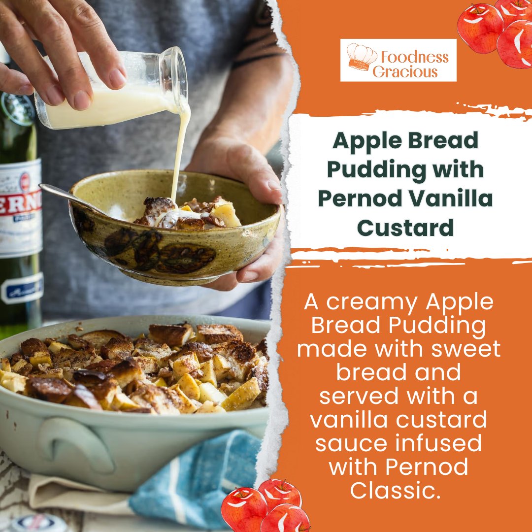 FoodnessG's tweet image. Say hello to your new fall favorite! Apple Bread Pudding topped with a luscious Pernod Vanilla Custard—talk about a dessert dream come true! 

Who’s ready for a spoonful of this comfort food magic? Recipe Link: foodnessgracious.com/recipes/apple-… 

#AppleBreadPudding  #ComfortFood