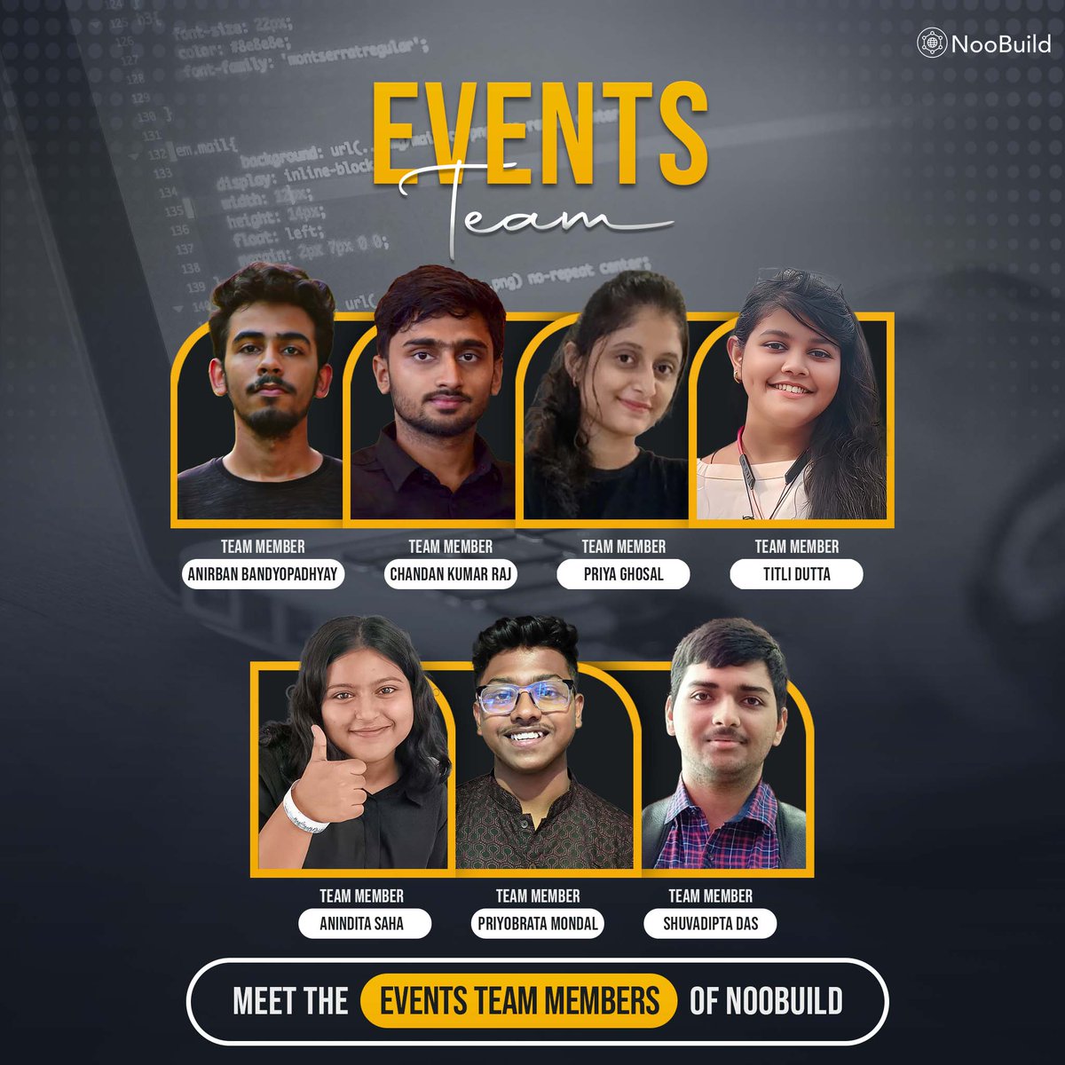 NooBuild_Tech's tweet photo. Meet the NooBuild Events Team!โญ
These amazing team members make every NooBuild event memorable and impactful โจ
โจ Anirban Bandyopadhyay
โจ Chandan Kumar Raj
โจ Priya Ghosal
โจ Titli Dutta
โจ Anindita Saha
โจ Priyobrata Mondal
โจ Shuvadipta Das
#Noobuild #EventsTeam https://t.co/NPRGY4wdqc