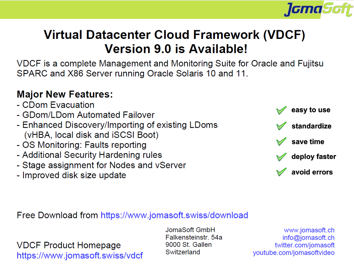 Marcel Hofstetter (@marcel_jomasoft) on Twitter photo Our <a href="/jomasoft/">JomaSoft GmbH</a> #VDCF Major Update 9.0 is available with support for #Solaris #OracleSolaris 11.4
bit.ly/vdcfV90
Now includes Automated Failover for LDoms
<a href="/SolarisUpdate/">SolarisUpdate</a> @OpenSolaris <a href="/Infrastructure/">Oracle IT Infrastructure</a> <a href="/Oracle/">Oracle</a> <a href="/OracleDatabase/">Oracle Database</a> Our <a href="/jomasoft/">JomaSoft GmbH</a> #VDCF Major Update 9.0 is available with support for #Solaris #OracleSolaris 11.4
bit.ly/vdcfV90
Now includes Automated Failover for LDoms
<a href="/SolarisUpdate/">SolarisUpdate</a> @OpenSolaris <a href="/Infrastructure/">Oracle IT Infrastructure</a> <a href="/Oracle/">Oracle</a> <a href="/OracleDatabase/">Oracle Database</a>