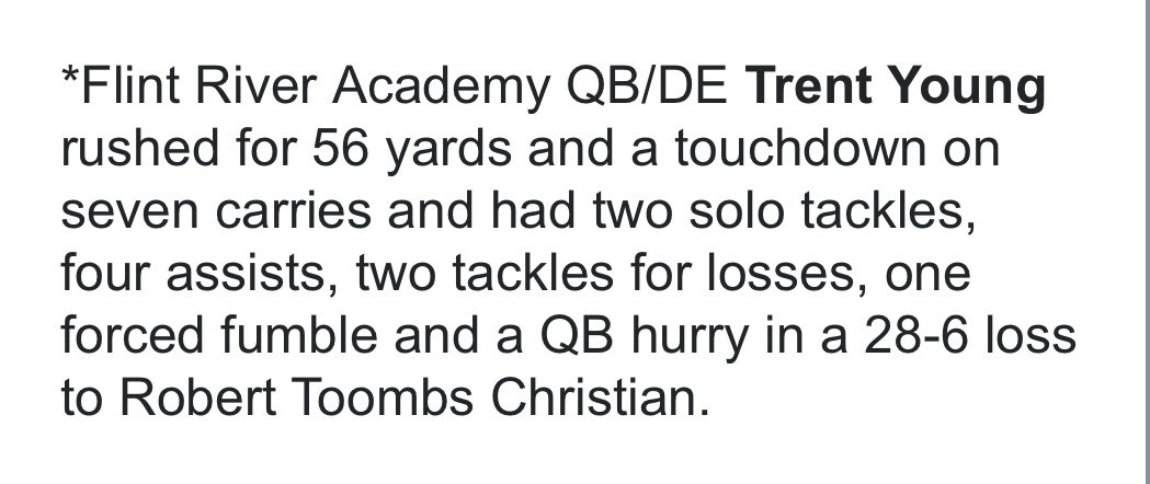 Flint River Academy Football (@fra__football) on Twitter photo Congrats to our 2025 QB/DE <a href="/TrentonYoung35/">Trenton Young</a> on being recognized as a Top Performer in the state by the <a href="/GHSFdaily/">GHSF Daily</a> for his performance vs. Robert Toombs Christianโ
#FRAmily | #ProtectTheDen๐พ Congrats to our 2025 QB/DE <a href="/TrentonYoung35/">Trenton Young</a> on being recognized as a Top Performer in the state by the <a href="/GHSFdaily/">GHSF Daily</a> for his performance vs. Robert Toombs Christianโ
#FRAmily | #ProtectTheDen๐พ