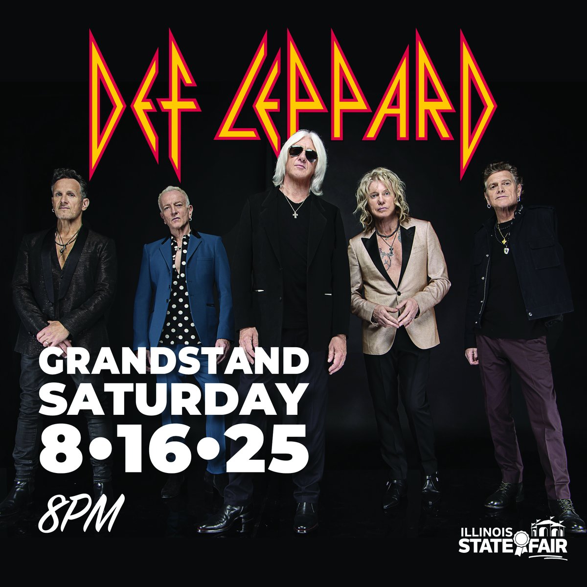 ILStateFair's tweet photo. 🎶 F- f- f- foolin? Nope! It’s true. Def Leppard tickets go on sale Nov. 16. Get yours before the end of the year for special holiday prices, and let’s get rocked August 16th at the Illinois State Fair Grandstand! 📷 Visit https://t.co/I9pxJLTpsF for more information. https://t.co/rkcLSUtdiX