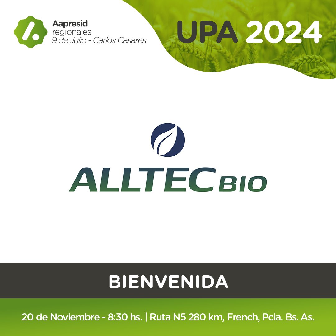 🙌 Gracias <a href="/AlltecBIO/">Alltec S.A</a> por acompañarnos en la #JORNADAUPA2024

📆20 Nov
📍Ruta N5 280km, French, Pcia. Bs. As.
⏰8.30 hs

Ensayos
Trigo, cebada. arveja, colza, camelina, soja y maíz

Disertante: 
👤 Paulina Lescano

#Aapresid