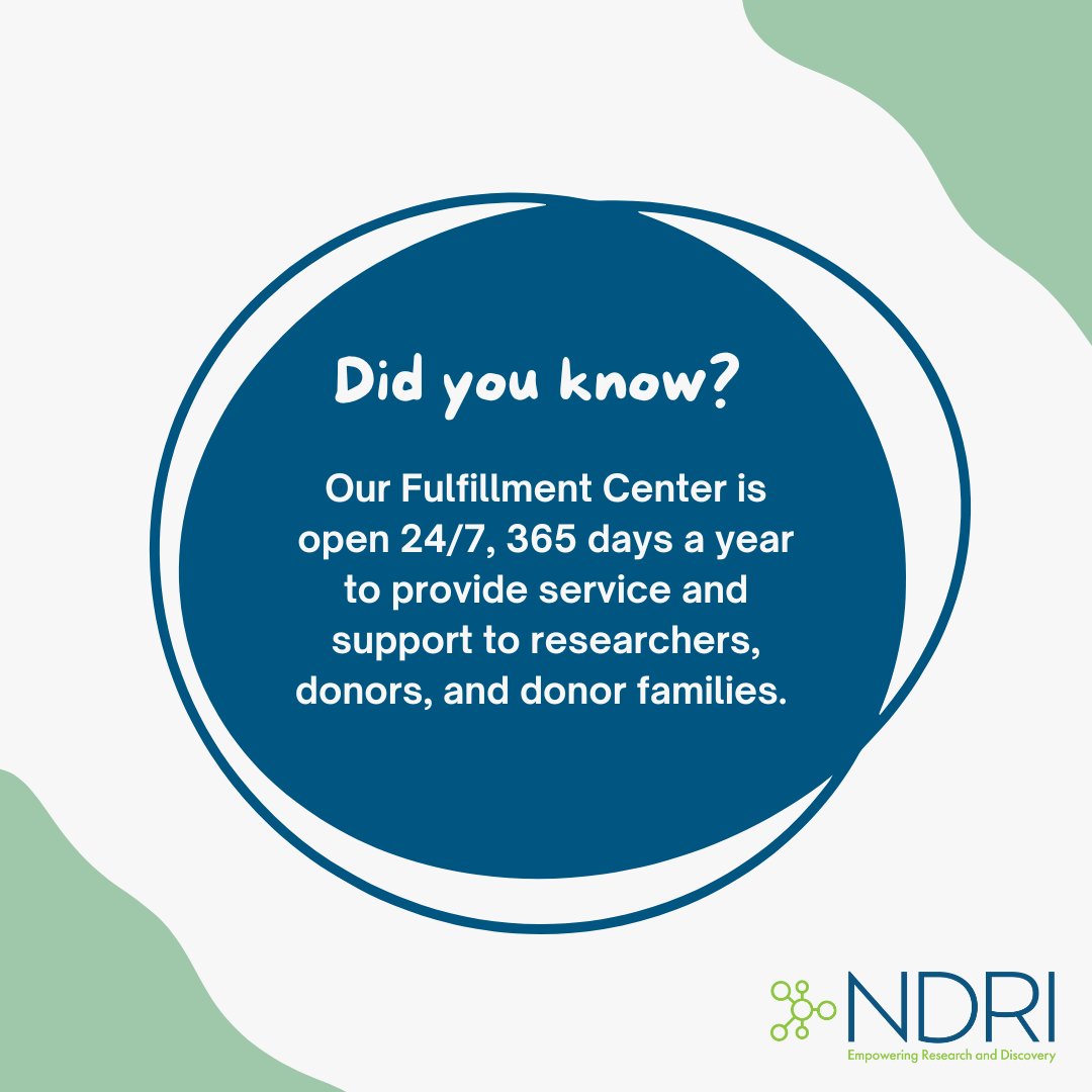 NDRI_Resource's tweet image. NDRI’s Fulfillment team provides around-the-clock service and support, 365 days a year to researchers, tissue source sites, donors, and donor families. Visit our website to learn more! #DYK #OrganDonation #TissuesforResearch #NDRI
